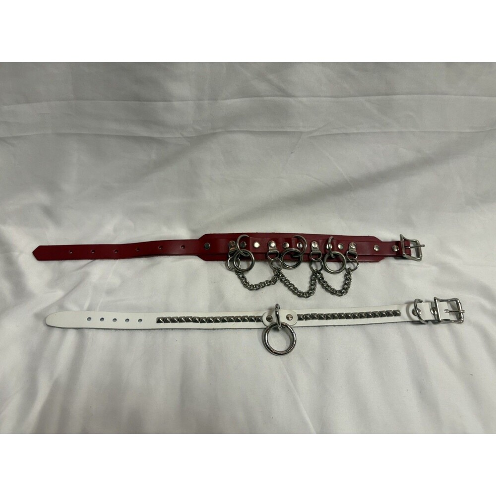 Lot of 2 Goth Punk Accessories - 3-Ring Leather Choker & Studded Leather Collar